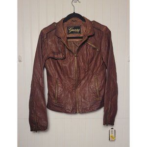 NWT Guess Faux Leather Jacket, Women's Size Small, Brown Full Zip